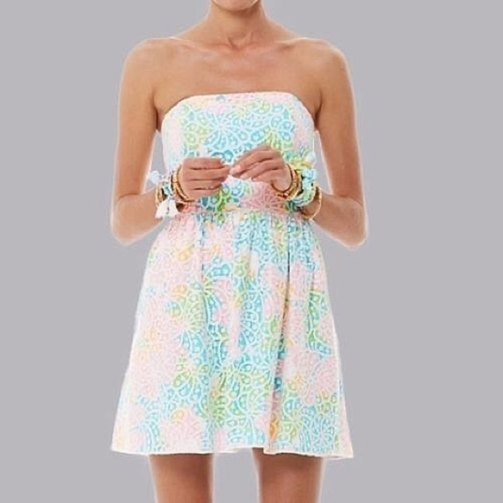 Lilly Pulitzer LOTTIE DRESS, size 4; white lace over vibrant color palette